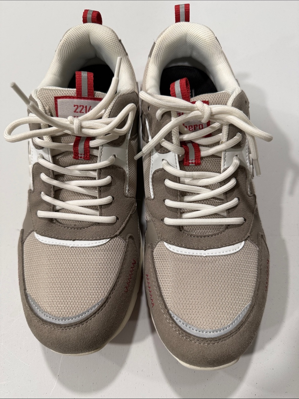 Women’s Athletic Sneakers in Beige and Taupe with Red Accents